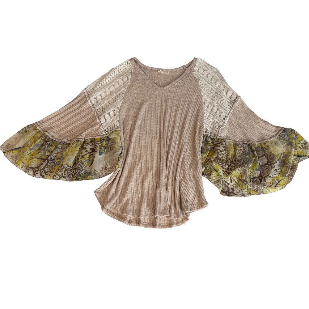 Tan Waffle Knit Lace Floral Bell Sleeve Top Woman's Small Boho Ruffle